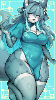 1girl :d absurdres animal_ear_fluff animal_ears blush breasts china_dress chinese_clothes cleavage_cutout clothing_cutout commentary_request covered_navel dress furry furry_female green_background green_dress green_eyes green_fur green_hair green_thighhighs hand_up highres large_breasts long_hair looking_at_viewer no_panties open_mouth original short_sleeves sidelocks smile snout solo suurin_(ksyaro) thighhighs thighs two-tone_fur white_fur wide_hips