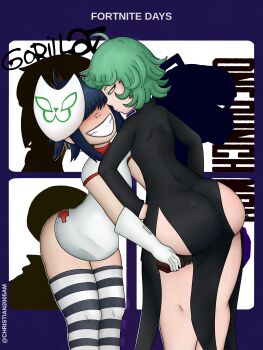 2girls absurdres ass ass_grab bad_tag blue_hair breasts crossover female female_focus fortnite gorillaz green_eyes green_hair gun hair_over_eyes hatsune_miku highres huge_ass meow_skulls multiple_girls noodle_(gorillaz) one-punch_man raven_team_leader saitama shortstack size_difference small_breasts tatsumaki thick_thighs thighs weapon