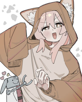 1girl :d absurdres animal_ear_fluff animal_ear_hood animal_ears blush brown_eyes c: commentary fake_animal_ears hair_between_eyes heart highres hood hood_up hug long_hair looking_at_viewer onesie onii-chan_wa_oshimai! open_mouth oyama_mahiro pink_hair robot simple_background sleeves_past_fingers sleeves_past_wrists smile solo uneven_eyes white_background yuzuponzup