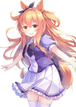 Rule 34 | 1girl, absurdres, animal ears, blush, bow, bowtie, breasts, brown ribbon, commentary request, ear bow, ear ribbon, hair between eyes, highres, horse ears, horse girl, horse tail, kanzakietc, long hair, looking at viewer, mayano top gun (umamusume), medium breasts, open mouth, orange eyes, orange hair, orange tail, pleated skirt, puffy short sleeves, puffy sleeves, purple bow, purple bowtie, purple shirt, ribbon, sailor collar, sailor shirt, school uniform, shirt, short sleeves, simple background, skirt, smile, solo, tail, thighhighs, tracen school uniform, two side up, umamusume, white background, white sailor collar, white skirt, white thighhighs, zettai ryouiki