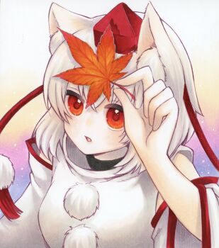 Rule 34 | 1girl, animal ears, autumn leaves, commentary request, detached sleeves, grey hair, hat, highres, holding, holding leaf, inubashiri momiji, leaf, marker (medium), open mouth, pom pom (clothes), red eyes, red hat, solo, tokin hat, touhou, traditional media, wolf ears, wolf girl, yuuki hana (jtnp5334)
