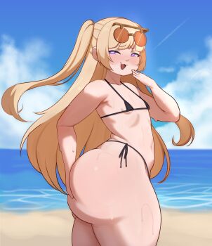1girl ass azur_lane bache_(azur_lane) beach bikini black_bikini blonde_hair blue_sky blush breasts cloud cowboy_shot day fang from_side grabbing_own_ass huge_ass kyojiri_loli long_hair micro_bikini ocean outdoors purple_eyes side-tie_bikini_bottom sky small_breasts smile smug solo standing sunglasses_on_head sweat swimsuit triagorodri