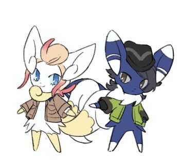 1boy 1girl alternate_color black_hair black_hat blue_eyes brown_jacket closed_mouth clothed_pokemon eyelashes furrification furry gen_6_pokemon green_jacket hat jacket long_sleeves looking_at_viewer meowstic meowstic_(female) meowstic_(male) nintendo open_clothes open_jacket paxton_(pokemon) pokemon pokemon_legends:_z-a shiny_pokemon smile standing taunie_(pokemon) xlii_idk