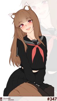 1girl absurdres alternate_costume black_sailor_collar black_serafuku black_shirt black_skirt blunt_bangs blush brown_hair collarbone commentary fangs highres holo likunea long_hair long_sleeves looking_at_viewer neckerchief open_mouth pleated_skirt red_eyes red_neckerchief sailor_collar school_uniform serafuku shirt simple_background skirt solo spice_and_wolf tail white_background wolf_girl wolf_tail zoom_layer