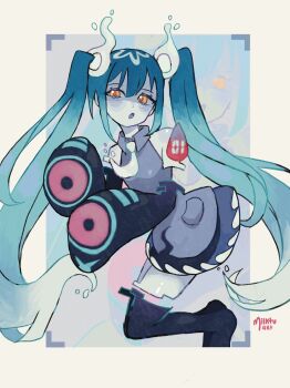 1girl :o aqua_hair bare_shoulders black_skirt black_thighhighs blue_background border collared_shirt colored_skin commentary detached_arm detached_legs detached_sleeves english_commentary full_body ghost_miku_(project_voltage) glitch gradient_hair grey_shirt grey_skin hair_between_eyes hatsune_miku highres long_hair looking_at_viewer milktuart multicolored_hair necktie nintendo open_mouth pokemon project_voltage shirt simple_background skirt sleeves_past_fingers sleeves_past_wrists solo standing thighhighs twintails vocaloid white_border white_necktie yellow_eyes