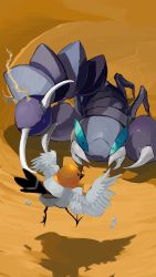 absurdres beak bird crack feathers fletchling gen_4_pokemon gen_6_pokemon highres nintendo no_humans pincers pokemon pokemon_(creature) realistic sand shadow skorupi yunimaru