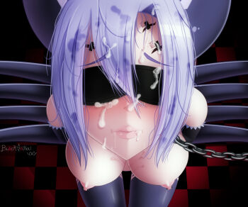 1girl arachne arthropod_girl bdsm blacksaikou blindfold blurry blurry_background blush breasts carapace chain chain_leash close-up closed_eyes commentary cum cum_in_mouth cum_on_body detached_sleeves english_commentary extra_eyes eye_taped_shut eyes_visible_through_hair facial gokkun grey_hair hair_between_eyes highres insect_girl large_breasts large_variant_set leash lips monster_girl monster_musume_no_iru_nichijou nipples open_mouth rachnera_arachnera saliva short_hair solo spider_girl swallowing taur upper_body variant_set