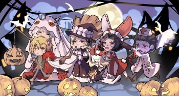3boys 3girls animal_ears animalization bat_(animal) black_coat black_dress black_hair black_hat black_pants black_shoes blonde_hair broom cassetti_(project_moon) cat cat_ears chibi chibi_only coat commentary curiambro_(project_moon) don_quixote_(project_moon) dress dulcinea_(project_moon) english_commentary eye_mask feather_boa ghost_costume glowing glowing_eyes gold_trim happy_halloween hat headdress highres holding holding_broom holding_saw holding_scissors kemonomimi_mode la_manchaland's_don_quixote_(project_moon) limbus_company mask multiple_boys multiple_girls nicolina_(project_moon) nurse_cap pants project_moon pumpkin red_dress red_eyes running sancho_(project_moon) scissors shoes shoggoth_(sirens20211) short_hair white_coat white_hair witch_hat
