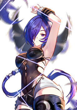 1girl absurdres black_coat black_leotard breasts coat commentary hair_over_one_eye highres jimpu6 leotard long_hair looking_at_viewer medium_breasts promeia_(zenless_zone_zero) purple_eyes purple_hair short_shorts shorts simple_background solo unworn_coat very_long_hair white_background white_shorts zenless_zone_zero