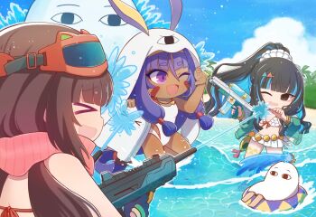 3girls animal_ears arm_garter belly_chain bikini blanket colored_inner_hair cupless_bikini dark-skinned_female dark_skin fate/grand_order fate_(series) frilled_bikini frills goggles goggles_on_head green_jacket grey_eyes high_ponytail hmr_alter7 holding holding_water_gun jackal_ears jacket jewelry long_hair low-tied_long_hair low_twintails medjed_(fate) multicolored_hair multiple_girls nitocris_(fate) nitocris_(fate/grand_order) nitocris_(swimsuit_assassin)_(fate) nitocris_(swimsuit_assassin)_(second_ascension)_(fate) osakabehime_(fate) osakabehime_(swimsuit_archer)_(fate) osakabehime_(swimsuit_archer)_(second_ascension)_(fate) pink_bikini pink_scarf ponytail scarf ski_goggles swimsuit tenochtitlan_(fate) tenochtitlan_(swimsuit_mooncancer)_(fate) tenochtitlan_(swimsuit_mooncancer)_(first_ascension)_(fate) thighlet twintails water water_gun white_bikini