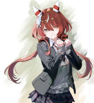 1girl absurdres animal_ears black_jacket black_skirt blazer cardigan clenched_hands closed_mouth commentary_request ear_covers green_eyes grey_cardigan hands_up highres horse_ears horse_girl jacket long_hair long_sleeves looking_at_viewer low_twintails miniskirt pleated_skirt red_hair school_uniform simple_background skirt smile solo tail twintails umamusume white_background white_hair white_streaks win_variation_(umamusume) yoojp