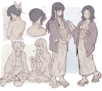 2girls bare_back bathing food geta hair_ornament japanese_clothes kimetsu_no_yaiba kimono kochou_shinobu koyomania multiple_girls multiple_views shaved_ice sitting tsuyuri_kanao yokozuwari yukata