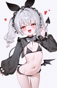 1girl bikini black_bikini black_hairband blush breasts bright_pupils demon demon_girl demon_tail demon_wings frilled_bikini frills fymrie grey_hair hairband highres long_hair long_sleeves looking_at_viewer mini_wings navel open_mouth original red_eyes simple_background small_breasts smile solo swimsuit tail twintails white_background white_pupils wings