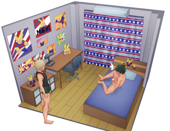 2boys all_might bakugou_katsuki boku_no_hero_academia bones_(company) bulge camo caught caught_masturbating dorm_room figurine indoors male_focus male_masturbation masturbation merchandise midoriya_izuku multiple_boys nude penis poster poster_(object) shounen_jump spiked_hair yaoi