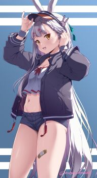 1girl :d absurdres alternate_costume animal_ears azur_lane black_jacket black_shorts blush breasts casual cleavage commentary_request crop_top eyeshadow groin hair_between_eyes hair_ornament hands_up highres jacket long_hair makeup micro_shorts navel open_clothes open_jacket open_mouth rabbit_ears rabbit_girl rabbit_hair_ornament red_eyeshadow shimakaze_(azur_lane) shorts small_breasts smile solo stomach thighs umyonge_(lkakeu) very_long_hair visor_cap white_hair yellow_eyes