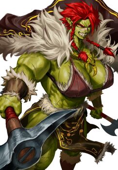 1girl armor axe braid breasts cape colored_skin ear_piercing fangs green_skin highres holding holding_weapon huge_breasts jewelry muscular muscular_female necklace orc original piercing pointy_ears red_hair scar smile spiked_hair tomboy upper_fangs virgoart warrior weapon white_background yellow_eyes