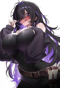 1girl bare_shoulders black-framed_eyewear black_dress black_hair blush breasts commentary_request dress full-face_blush glasses goddess_of_victory:_nikke hair_over_one_eye highres huge_breasts label_(nikke) long_hair looking_at_viewer multicolored_hair purple_eyes purple_hair simple_background solo sweat two-tone_hair upper_body white_background yufou