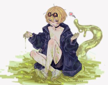 1boy 3samil1 black_choker blonde_hair choker commentary goggles goggles_on_head heart highres limbus_company male_focus molar_boatworks_(identity)_(project_moon) official_alternate_costume project_moon shoes shorts simple_background sinclair_(project_moon) slime_(substance) solo spoken_heart tentacles wet_and_messy white_background white_shoes