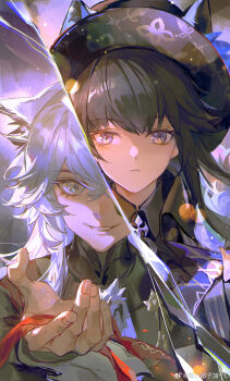 2girls absurdres animal_ear_headwear animal_ears arknights artist_name ascot black_ascot black_hair black_shirt collared_shirt crossed_bangs fake_animal_ears grey_eyes grey_hair hair_between_eyes hat highres lappland_(arknights) listencareful long_hair looking_at_viewer messy_hair multiple_girls outstretched_hand parted_lips portrait serious shirt smile split_mouth split_screen texas_(arknights) texas_the_omertosa_(arknights) texas_the_omertosa_(il_segreto_della_notte)_(arknights) watermark weibo_watermark white_shirt wolf_ears wolf_girl