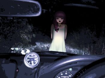 1girl absurdres arm_behind_back black_background bocchi_the_rock! bow braid braided_ponytail car_interior dark dress driving fang feet_out_of_frame green_dress hair_bow hair_over_shoulder hashtag-only_commentary headlight_beam highres hiroi_kikuri horror_(theme) isago_ganma leaf long_hair looking_at_viewer night open_mouth outdoors pov rear-view_mirror red_eyes red_hair sleeveless sleeveless_dress solo speedometer