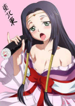 1girl black_hair blush bow breasts circlet code_geass collarbone fellatio_gesture food gem green_eyes hair_tubes highres japanese_clothes jewelry kaname_aomame kimono long_hair looking_at_viewer medium_breasts no_bra obi off_shoulder open_mouth pink_background red_bow sash sexually_suggestive simple_background sitting sumeragi_kaguya tongue tongue_out upper_body very_long_hair wide_sleeves