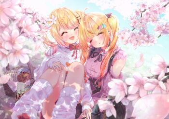 2girls absurdres ahoge aran_sweater bento black_choker black_skirt blonde_hair blush cable_knit cherry_blossoms choker closed_eyes clothing_cutout commentary_request crossed_wrists day ear_piercing earrings fang flower food frilled_sweater frills gradient_hair hair_ornament hairclip hand_on_own_knee high-waist_skirt highres hololive jewelry jirai_kei knees_up long_hair long_sleeves loose_socks medium_hair momosuzu_nene momosuzu_nene_(casual) multicolored_hair multiple_girls official_alternate_costume official_alternate_hair_length official_alternate_hairstyle open_mouth outdoors picnic picnic_basket piercing pink_sweater sandwich shirt shoulder_cutout sidelocks sitting skin_fang skirt sleeping smile socks sunlight suspender_skirt suspenders sweater twintails virtual_youtuber white_shirt white_socks yozora_mel yozora_mel_(jirai_kei)