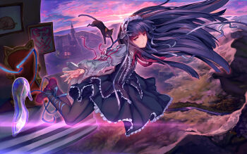 Rule 34 | 10s, 1girl, black hair, black pantyhose, blue hair, blush, cat, clothes lift, dress, dress lift, falling, female focus, gothic lolita, highres, idolmaster, idolmaster cinderella girls, lolita fashion, long hair, looking at viewer, nemeko, outstretched arms, pantyhose, red eyes, ribbon, sajo yukimi, smile, solo, spread arms