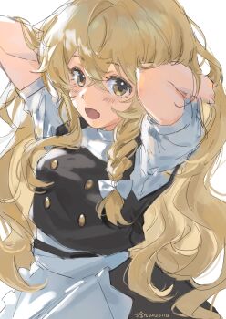 Rule 34 | 1girl, :d, absurdres, apron, arms behind head, arms up, black skirt, black vest, blonde hair, bow, braid, commentary, cowboy shot, crossed bangs, dated, fang, hair between eyes, hair bow, hashtag-only commentary, highres, kirisame marisa, long hair, looking at viewer, no headwear, open mouth, puffy short sleeves, puffy sleeves, shijiu (shizuoxing), shirt, short sleeves, side braid, signature, simple background, single braid, skin fang, skirt, smile, solo, symbol-only commentary, touhou, vest, waist apron, white apron, white background, white shirt