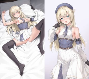 1girl absurdres after_vaginal aftersex bare_shoulders beret black_gloves breasts censored collared_dress commentary_request copyright_request cum cum_in_pussy cum_on_body cum_on_hands cumdrip detached_sleeves dress facial gloves hair_ornament hands_up hat head_on_pillow henria highres instant_loss looking_at_viewer lying mosaic_censoring necktie nipples no_shoes on_bed open_mouth panties panties_around_leg pillow pussy sideboob sleeveless sleeveless_dress small_breasts smile solo spread_legs standing sweat teeth thighhighs torn_clothes underwear upper_teeth_only