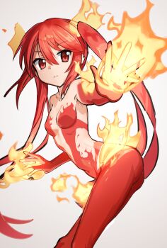 1girl absurdres ass bare_shoulders breasts closed_mouth collarbone commentary cthugha_(nyaruko-san) elbow_gloves feet_out_of_frame fiery_hair fighting_stance fire foreshortening gloves hair_between_eyes haiyore!_nyaruko-san highres leaning_forward long_hair looking_at_viewer outstretched_arm outstretched_hand pyrokinesis red_eyes red_gloves red_hair rokochandayo sidelocks simple_background small_breasts solo split_mouth standing twintails very_long_hair white_background