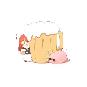 alcohol beer beer_mug bocchi_the_rock! character_doll commentary_request cube_hair_ornament cup doll gotoh_hitori gotoh_hitori_(tsuchinoko) hair_ornament kessoku_band_t-shirt long_hair mug no_humans rebecca_(keinelove) red_hair simple_background white_background yellow_eyes