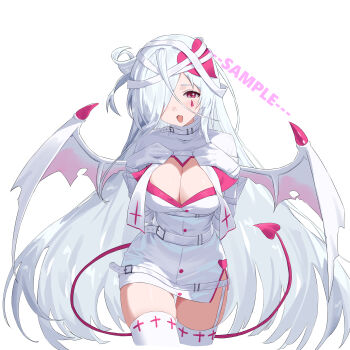 1girl absurdres bandaged_head bandages belt breasts check_copyright chinese_commentary cleavage cleavage_cutout clothing_cutout commentary_request commission copyright_request cowboy_shot cropped_legs dress facial_tattoo hair_over_one_eye heart heart_tail highres large_breasts long_hair looking_at_viewer multicolored_dress multicolored_thighhighs multicolored_wings open_mouth original pink_dress pink_eyes pink_thighhighs pink_wings red_tail short_dress sidelocks simple_background solo straitjacket tail tattoo thighhighs thighs torn_wings two-tone_dress two-tone_thighhighs two-tone_wings white_background white_belt white_dress white_hair white_thighhighs white_wings wings youtanhuayuan255 zettai_ryouiki