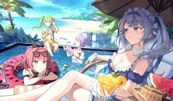 4girls :o ahoge aokumo_rin armband beach bikini black_armband black_bow blue_one-piece_swimsuit blue_sky blue_streaks boat bow breasts cleavage closed_mouth cocktail cocktail_glass commentary_request crossed_arms cup day drinking_glass eyewear_on_head flower food frilled_armband frilled_wristband frills fruit green_eyes green_hair grey_eyes grey_hair hair_bow hair_bun hair_flower hair_horns hair_ornament hanako_nana highres holding holding_cup holding_water_gun innertube korean_commentary large_breasts lemon lemon_slice long_hair multicolored_hair multiple_girls ocean on_innertube one-piece_swimsuit one_eye_closed open_mouth outdoors palm_tree parasol parted_lips partially_submerged pink_hair ponytail pool purple_hair red_flower rubber_duck sailboat sandwich sarong shade shadow simple_bird single_hair_bun sky smile soaking_feet stellive streaked_hair sunlight super_soaker swim_ring swimsuit tenko_shibuki tree twintails umbrella virtual_youtuber water water_gun watercraft watermelon watermelon_slice white_bikini yellow_armband yellow_sarong yulmu1005 yuzuha_riko