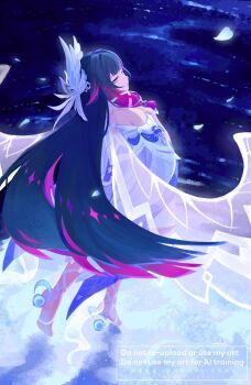 1girl 39_iduki bare_shoulders barefoot black_hair columbina_(genshin_impact) dress genshin_impact hashtag-only_commentary highres long_hair multicolored_hair purple_eyes purple_hair smile solo streaked_hair transparent_wings two-tone_hair very_long_hair white_wings wings