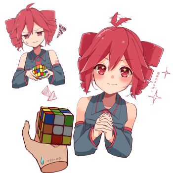 Rule 34 | 1girl, ahoge, ahoge wag, commentary request, confused, detached sleeves, drill hair, expressive hair, highres, kasane teto, kasane teto (utau), long hair, own hands together, red eyes, red hair, rubik's cube, smile, squiggle, tu gumi, twin drills, utau