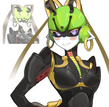 Rule 34 | 1girl, absurdres, bandaid, bandaid on cheek, bandaid on face, black sclera, black skin, breasts, colored eyelashes, colored sclera, colored skin, earrings, gold earrings, green hair, grin, highres, humanoid robot, jewelry, joints, kurokoi art, mechanical ears, metal hair, metal skin, official art inset, purple eyes, robot, robot joints, simple background, small breasts, smile, solo, upper body, vesper (zenless zone zero), white background, zenless zone zero