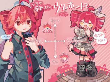 1girl ahoge bare_shoulders black_footwear blush blush_stickers boots breast_pocket buttons chart closed_eyes collared_shirt commentary_request detached_sleeves double-breasted drill_hair full_body grey_jacket grey_shirt grey_skirt grey_sleeves hair_ribbon hand_up highres jacket kasane_teto kasane_teto_(sv) kasane_teto_(utau) long_sleeves medium_hair multiple_views open_mouth parted_lips pocket red_eyes red_hair ribbon shirt single_blush_sticker skirt sleeveless sleeveless_shirt smile speech_bubble standing synthesizer_v tabunnanhun translation_request twin_drills upper_body utau white_ribbon