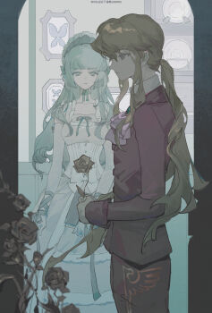 Rule 34 | 1girl, 1other, androgynous, ascot, blonde hair, bonnet, clair vaux bernardus, commentary, dress, elbow gloves, expressionless, feet out of frame, flower, formal clothes, gloves, green hair, highres, holding, holding flower, indoors, jacket, long hair, long sleeves, muted color, pants, picture frame, pink ascot, ponytail, profile, red jacket, red pants, red suit, rose, sixii, standing, suit, umineko no naku koro ni, untranslatable commentary, ushiromiya lion, white dress