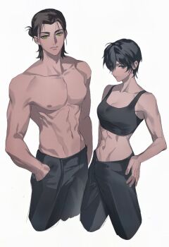 1boy 1girl abs black_hair black_pants black_sports_bra breasts brown_hair cleavage closed_mouth collarbone commentary_request cropped_legs eren_yeager green_eyes grey_eyes hair_bun hand_on_own_hip hands_in_pockets looking_at_viewer medium_breasts midriff mikasa_ackerman navel pants parted_bangs parted_lips pectorals shingeki_no_kyojin short_hair sports_bra stomach toned toned_male white_background yun_(dl2n5c7kbh8ihcx)