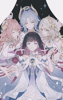 4girls absurdres aria_(genshin_impact) arm_ribbon bare_shoulders black_hair blonde_hair blue_eyes blue_hair blunt_bangs bow bracelet canon_(genshin_impact) chinese_commentary closed_mouth columbina_(genshin_impact) commentary_request dress facial_mark forehead_mark genshin_impact gold_bracelet green_eyes hair_between_eyes hair_intakes hair_ribbon head_wings headpiece highres jewelry long_hair looking_at_another looking_at_viewer multicolored_hair multiple_girls open_mouth pink_hair purple_eyes red_hair ribbon short_hair_with_long_locks sidelocks smile sonnet_(genshin_impact) spoilers star_(symbol) two-tone_hair white_bow white_dress white_ribbon white_wings wings yue_(shemika98425261)