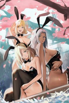 3girls animal_ears black_bow black_bowtie black_leotard black_thighhighs blonde_hair blue_eyes blush bow bowtie breasts celica_(xenoblade_x) cleavage closed_mouth collarbone dark-skinned_female dark_skin elma_(xenoblade_x) female_focus fishnet_thighhighs fishnets green_eyes hair_over_one_eye highleg highleg_leotard highres j@ck large_breasts leotard long_hair looking_at_viewer medium_breasts medium_hair mia_(xenoblade_x) multiple_girls open_mouth playboy_bunny rabbit_ears short_hair sideboob smile thighhighs white_hair xenoblade_chronicles_(series) xenoblade_chronicles_x