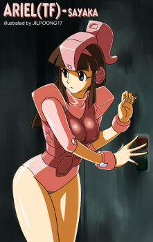 1girl ariel armor brown_hair cosplay female_focus jilpoong17 leotard mazinger_(series) mazinger_z mecha red_armor robot solo transformers transformers:_generation_1 wrist_cuffs yumi_sayaka