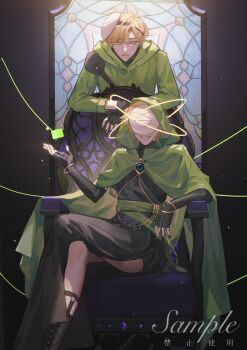 &gt;_&lt; 2427936285 2boys :d absurdres animification armor bangle black_dress black_gloves blonde_hair bracelet chinese_commentary cloak commentary_request crossdressing crossdressing_(mtf) crossed_legs cube dream_(youtuber) dream_smp dreamxd dress eye_of_ender fingerless_gloves gloves gold_bracelet green_cloak green_eyes green_hoodie halo highres hood hood_down hood_up hoodie jewelry look-alike male_focus mask minecraft minecraft_youtube multiple_boys open_mouth ophanim_halo sample_watermark short_hair sitting smile stained_glass throne watermark xd