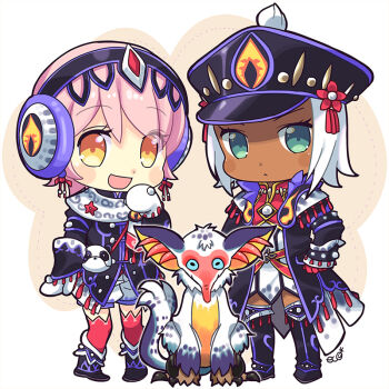 Rule 34 | ash kecha wacha, ash kecha wacha (armor), blue hair, boots, coat, dark skin, earmuffs, green eyes, hat, kecha wacha, monster hunter (series), monster hunter 4, open clothes, open coat, orange eyes, pink hair, short hair, white hair, yellow eyes