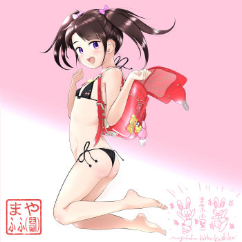 1girl absurdres artist_logo ass backpack bag barefoot bikini black_bikini black_hair brown_eyes flat_chest gradient_background highres logo loli long_hair mayafufu original pink_background rabbit randoseru side-tie_bikini_bottom solo swimsuit twintails