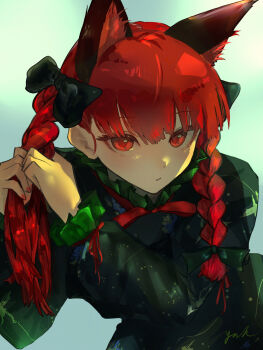 Rule 34 | 1girl, animal ears, black bow, black dress, blush, bow, braid, braiding hair, cat ears, closed mouth, collar, colored inner animal ears, commentary request, dress, eneshi, extra ears, frilled collar, frilled sleeves, frills, hair bow, hairdressing, highres, kaenbyou rin, leaning forward, long sleeves, looking at viewer, multiple hair bows, multiple tails, nail polish, neck ribbon, nekomata, red eyes, red hair, red nails, red ribbon, ribbon, signature, sleeve ribbon, solo, tail, touhou, twin braids, twintails, two tails, upper body, white background