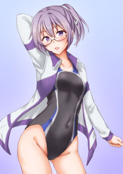1girl anti_(untea9) bare_legs bespectacled black_one-piece_swimsuit blue_eyes breasts commentary_request competition_swimsuit cowboy_shot glasses highres jacket kantai_collection long_sleeves one-piece_swimsuit pink_hair ponytail purple_background purple_jacket ribbon shiranui_(kancolle) short_hair small_breasts swimsuit two-tone_one-piece_swimsuit