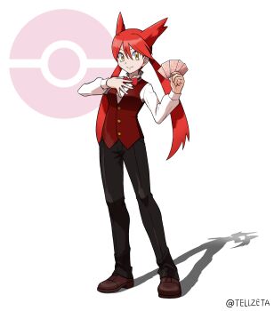 1girl absurdres black_pants bow bowtie brown_shoes card closed_mouth commentary_request commission full_body gen_3_pokemon hair_between_eyes hands_up highres holding holding_card latias latias_(human)_(pokemon_adventures) legendary_pokemon long_hair long_sleeves looking_at_viewer nintendo pants playing_card poke_ball_symbol pokemon pokemon_adventures red_bow red_bowtie red_hair red_vest shirt shoes skeb_commission smile solo spread_fingers standing tellzeta twintails vest white_background white_shirt yellow_eyes