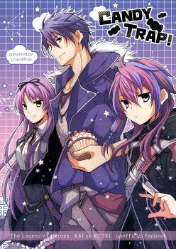 Rule 34 | 1boy, 2girls, artist name, black hoodie, blue coat, blue hair, coat, commentary request, curtained hair, dog tags, eiyuu densetsu, hair ribbon, highres, hood, hoodie, jorda eldarion, kai no kiseki, kuro no kiseki (series), looking at viewer, mullet, multicolored hair, multiple girls, parted bangs, purple hair, renne (eiyuu densetsu), ribbon, satsuki (chaosmode), simple background, two-tone hair, van arkride, yellow eyes