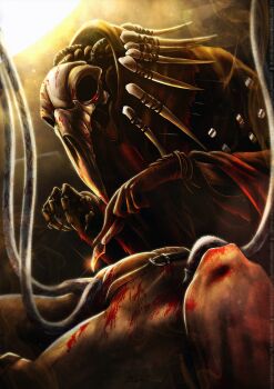 2boys animal_skull backlighting bird_skull blood blurry bokeh bone_necklace character_request chest_belt commentary commission depth_of_field deviantart_username doctor email_address english_commentary gloomflower gloves hentai-foundry_username highres holding holding_scalpel horror_(theme) hose indoors mechanical_hands multiple_boys pathologic patreon_username plague_doctor_mask scalpel signature single_glove single_mechanical_hand surgery twitter_username